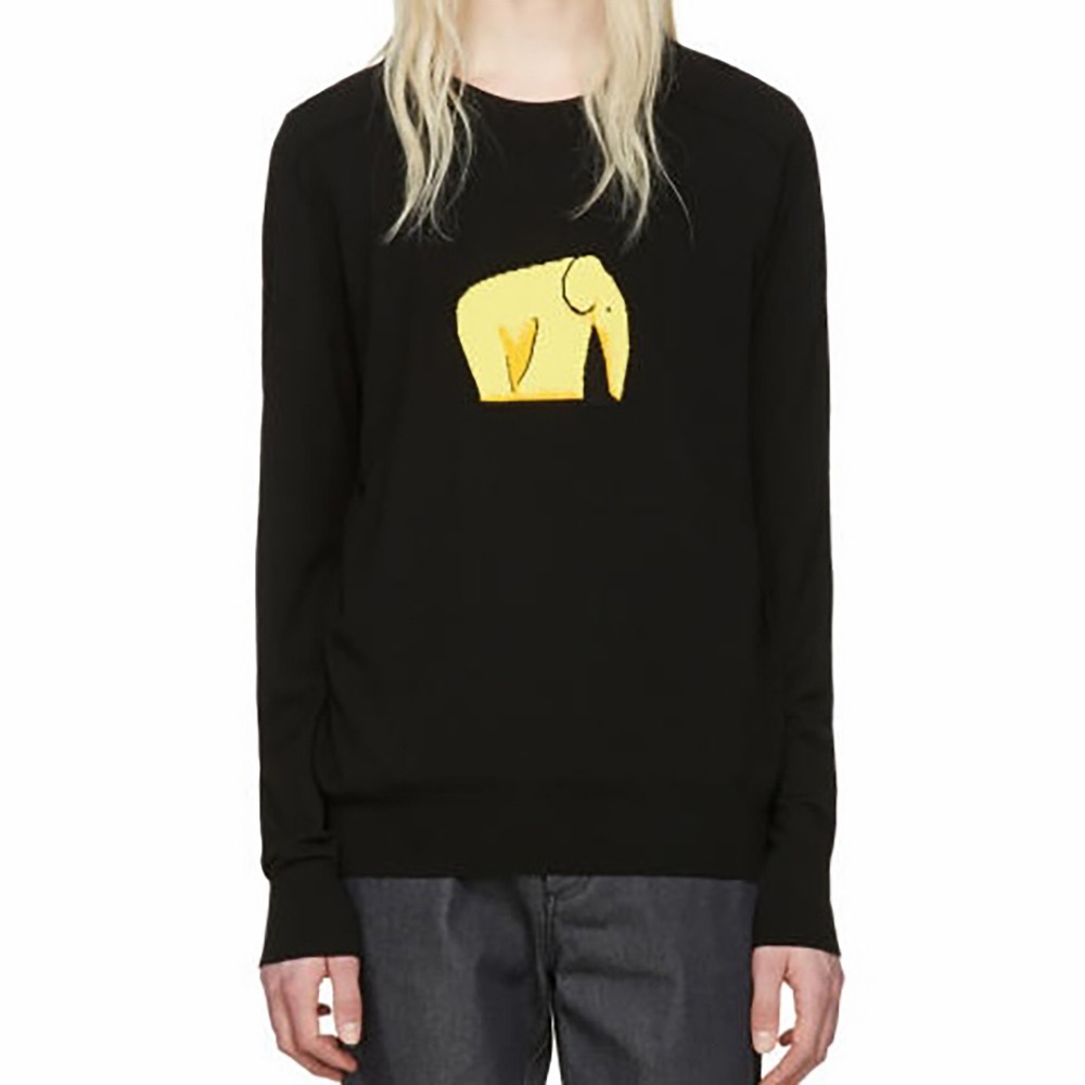 Loewe Black Yellow Elephant Print Long Sleeve Crewneck Sweater Virgin Wool XS